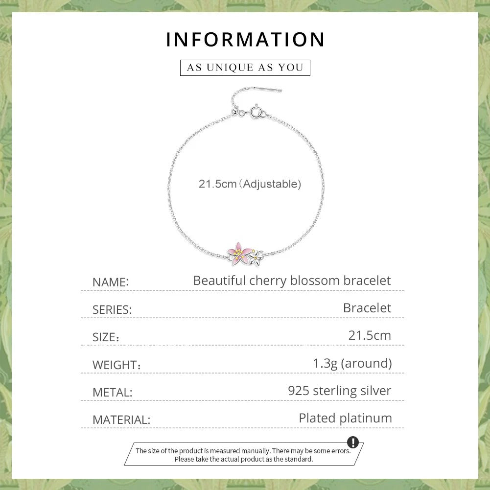 Beautiful Cherry Blossom Bracelet Adjustable Silver Snake Chain Link